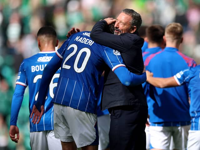 Rangers manager Derek McInnes congratulates goal scorer Ryan Naderi for his vital contribution in the narrow win over Celtic