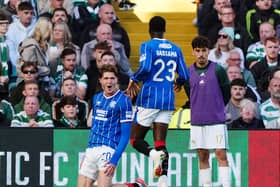 Rangers’ Ryan Naderi, left, celebrates his winner against Celtic