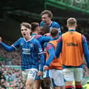 Findlay Curtis of Rangers celebrates Olwethu Makhanya of Rangers scoring their team's second goal only for VAR to dissallow the goal during the William Hill Premiership 2026/27 match between Celtic and Glasgow Rangers