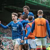 Findlay Curtis of Rangers celebrates Olwethu Makhanya of Rangers scoring their team's second goal only for VAR to dissallow the goal during the William Hill Premiership 2026/27 match between Celtic and Glasgow Rangers