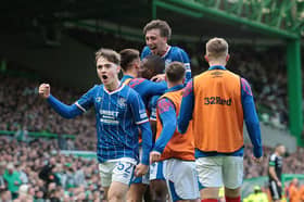 Findlay Curtis of Rangers celebrates Olwethu Makhanya of Rangers scoring their team's second goal only for VAR to dissallow the goal during the William Hill Premiership 2026/27 match between Celtic and Glasgow Rangers
