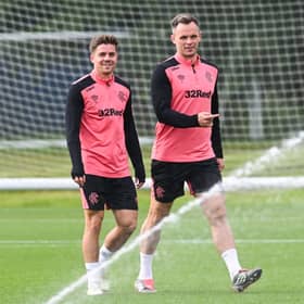 Cammy Devlin (L) and Lawrence Shankland during a Rangers MD-1 training session