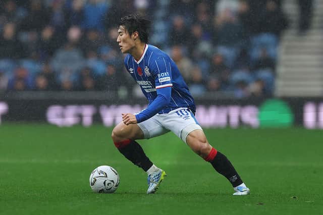 Kim Min-su of Rangers controls the ball during the William Hill Premiership 2026/27 match between Glasgow Rangers and St. Johnstone