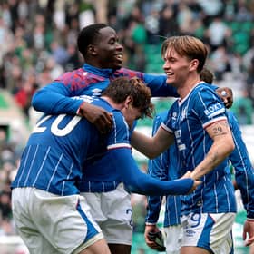 Ryan Naderi, Djeidi Gassama and James Penrice of Rangers celebrate after the William Hill Premiership 2026/27 match between Celtic and Glasgow Rangers at Celtic Park