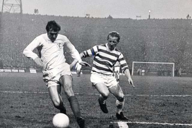 Former Leeds United left back Terry Cooper, left, pictured with Celtic's s Jimmy Johnstone, right, in the 1970 European Cup semi-final second leg at Hampden Park. 