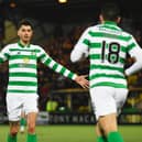 Celtic's Nir Bitton celebrates with Tom Rogic after his injury-time equaliser against Livingston. Picture: Craig Foy / SNS