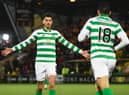Celtic's Nir Bitton celebrates with Tom Rogic after his injury-time equaliser against Livingston. Picture: Craig Foy / SNS