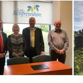 Left: Councillor Paul O’Kane and Provost Jim Fletcher welcome Mayor Eva Danielson Husby and Deputy Mayor Lars A Hustad to the East Renfrewshire Council Headquarters.
Right: The Norwegian visitors lay flowers at the graves of three of the civilian refugees who were buried whilst in Neilston.