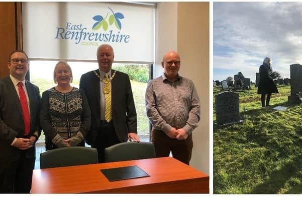 Left: Councillor Paul O’Kane and Provost Jim Fletcher welcome Mayor Eva Danielson Husby and Deputy Mayor Lars A Hustad to the East Renfrewshire Council Headquarters.
Right: The Norwegian visitors lay flowers at the graves of three of the civilian refugees who were buried whilst in Neilston.
