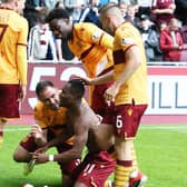 Motherwell players celebrate Sherwin Seedorf's stunning goal in the 3-2 win at Tynecastle last September (Pic by Ian McFadyen)