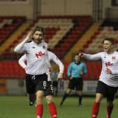 Ray Grant celebrates his goal, to the delight of Tom Lang and Mark Lamont (pic: Craig Black Photography).