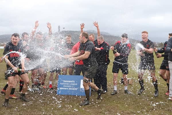 Biggar Rugby Club are pictured celebrating winning this seasons Tennents National Division 1  (Pic by Nigel Pacey)