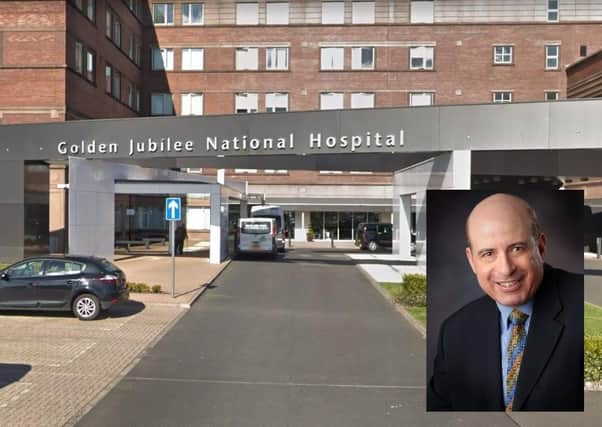 The Golden Jubilee Hospital in Clydebank, and inset, Professor Hany Eteiba.