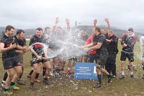 Biggar celebrate clinching the title with two games to spare with a 44-15 win at Stirling Wolves on March 6 (Pic by Nigel Pacey)