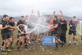 Biggar celebrate clinching the title with two games to spare with a 44-15 win at Stirling Wolves on March 6 (Pic by Nigel Pacey)