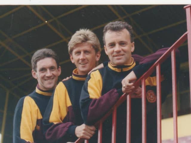 Davie Cooper (1st right) with fellow Well 1991 Scottish Cup winners Craig Paterson and Iain Ferguson