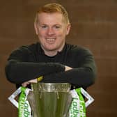 Neil Lennon with the Ladbrokes Premiership trophy at Lennoxtown.