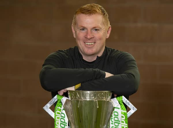Neil Lennon with the Ladbrokes Premiership trophy at Lennoxtown.