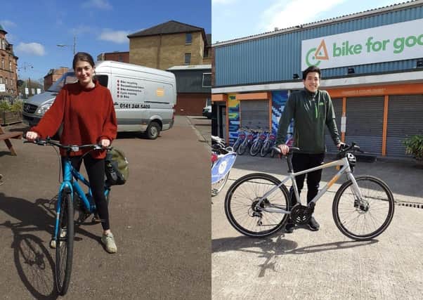 Anna Bochsler and Chi Hoi Lee with their bicycles from Bike for Good in Govanhill.