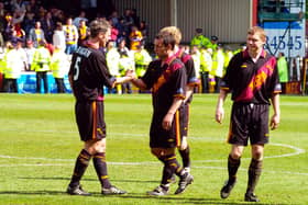 Martyn Corrigan (1st right) with fellow Motherwell FC Helicopter Sunday heroes Scott McDonald (centre) and Stephen Craigan (Pic by Alan Watson)
