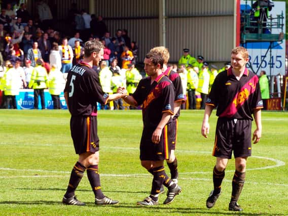 Martyn Corrigan (1st right) with fellow Motherwell FC Helicopter Sunday heroes Scott McDonald (centre) and Stephen Craigan (Pic by Alan Watson)