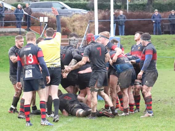 The likelihood of players face masks staying on during rigorous Biggar RFC action like this would seem remote (Pic by Nigel Pacey)
