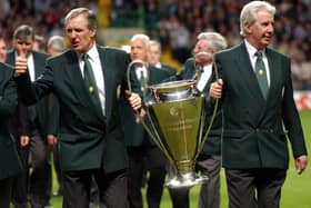 Billy McNeill (left) and fellow Lisbon Lion Jim Craig were reunited with the European Cup at 2012 testimonial match. (Pic by Robert Perry)