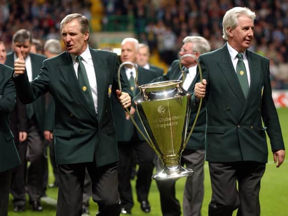 Billy McNeill (left) and fellow Lisbon Lion Jim Craig were reunited with the European Cup at 2012 testimonial match. (Pic by Robert Perry)