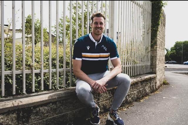 Jordan White in Motherwell's new away strip (Pic courtesy of Motherwell FC)