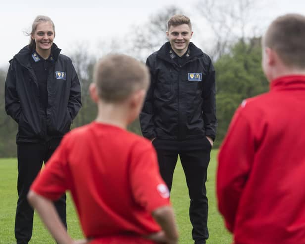 Scotland stars Jenna Fife and James Forrest at a grassroots football event with St Modan’s Community Sports Club in Bannockburn. Picture: Craig Foy/SNS