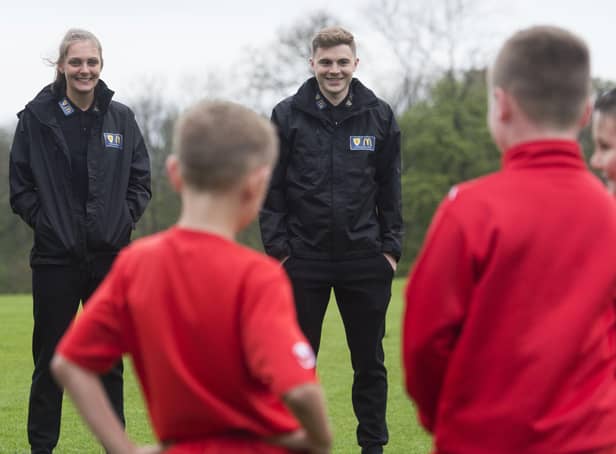 Scotland stars Jenna Fife and James Forrest at a grassroots football event with St Modan’s Community Sports Club in Bannockburn. Picture: Craig Foy/SNS