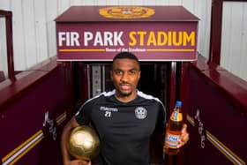 Christian Mbulu is pictured with his Scottish Challenge Cup Player of the Round award for his goalscoring display in a 2-0 third round success over Irish outfit Sligo Rovers in October 2018.