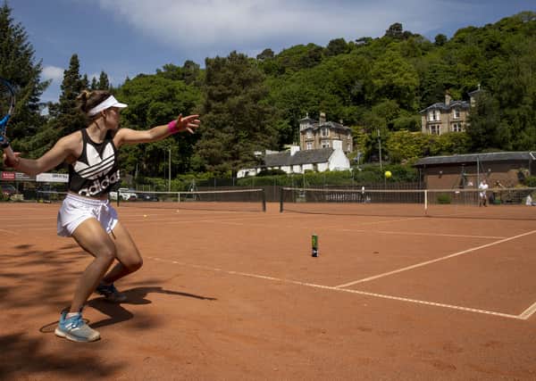 Maia Lumsden in action at Bridge of Allan Tennis Club