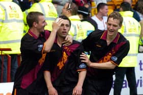 Former Thistle defender Willie Kinniburgh (right) also played for Motherwell in their famous Helicopter Sunday win over Celtic
