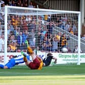 Josh Law scores for Motherwell against Stjarnan at Fir Park in their last European tie in July 2014 (Pic by Alan Watson)