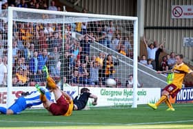 Josh Law scores for Motherwell against Stjarnan at Fir Park in their last European tie in July 2014 (Pic by Alan Watson)