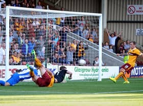Josh Law scores for Motherwell against Stjarnan at Fir Park in their last European tie in July 2014 (Pic by Alan Watson)