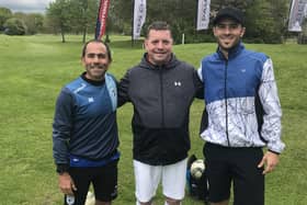 Donny McKenzie (centre) of Cumbernauld Footgolf Club with world champion Matti Perrone from Argentina (left) and Nico Garcia from Argentina