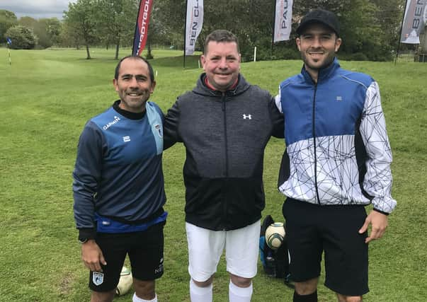 Donny McKenzie (centre) of Cumbernauld Footgolf Club with world champion Matti Perrone from Argentina (left) and Nico Garcia from Argentina