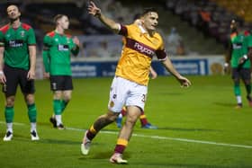 Tony Watt celebrates scoring Motherwell's fourth goal in the 5-1 rout of Glentoran (Pic by Ian McFadyen)