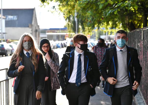 Pupils at Holyrood Secondary School, Glasgow, wearing face coverings. Photo: John Devlin