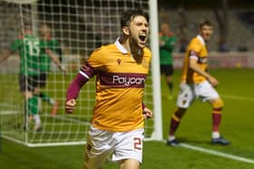 Callum Lang celebrates scoring Motherwell's first goal in the 5-1 success over Glentoran in the previous round (Pic by Ian McFadyen)