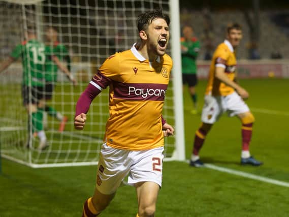 Callum Lang celebrates scoring Motherwell's first goal in the 5-1 success over Glentoran in the previous round (Pic by Ian McFadyen)