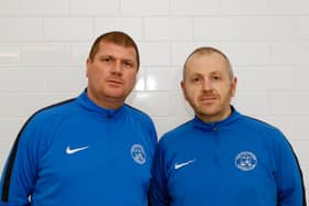 Carluke Rovers gaffer Mark Weir (left) and his assistant Kenny Neill face a trip to Kilbirnie on cup duty next month (Pic by Kevin Ramage)