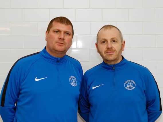 Carluke Rovers gaffer Mark Weir (left) and his assistant Kenny Neill face a trip to Kilbirnie on cup duty next month (Pic by Kevin Ramage)