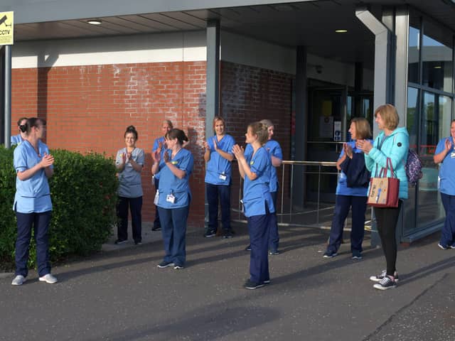 Back in May staff at the Forth Valley Royal Hospital clapped for the NHS, carers and all essential workers. Photo: MIchael Gillen