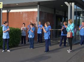 Back in May staff at the Forth Valley Royal Hospital clapped for the NHS, carers and all essential workers. Photo: MIchael Gillen