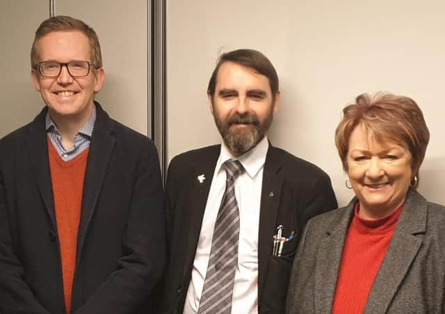 Stuart McDonald MSP (left), Rona Mackay (right) pictured earlier this year with local councillor Gordan Low,