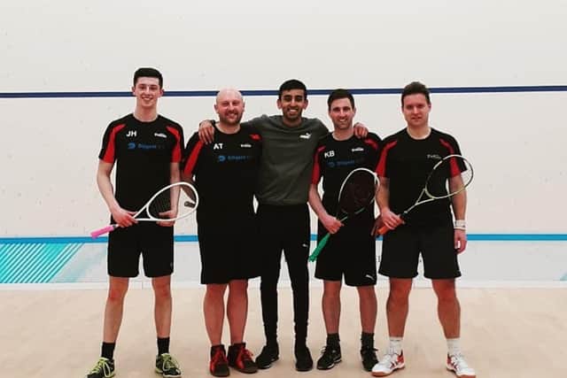 Jamie Henderson, Allan Tasker, James Singh (club captain and coach), Kenny Boyle and Owen Hadden who were all part of the Giffnock club's 2019/20 Men’s National League title winning squad.