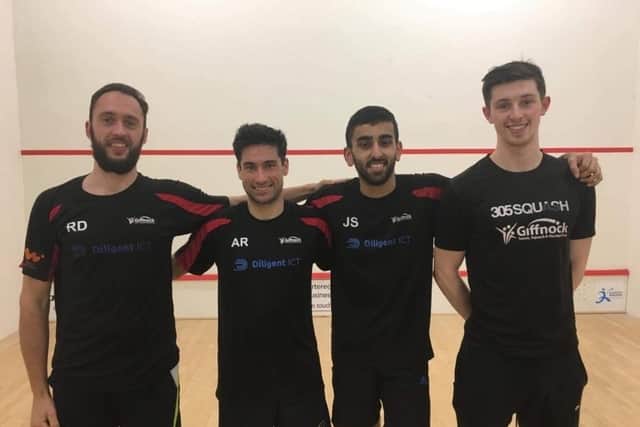 Robert Downer, Aqeel Rehman, James Singh (club captain and coach) and Jamie Henderson who were all part of the Giffnock 2019/20 Men’s National League title winning squad.